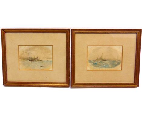 19TH CENTURY - A PAIR OF NAVAL WATERCOLOURS the first a study of two battleships in heavy seas; the second a freighter with l