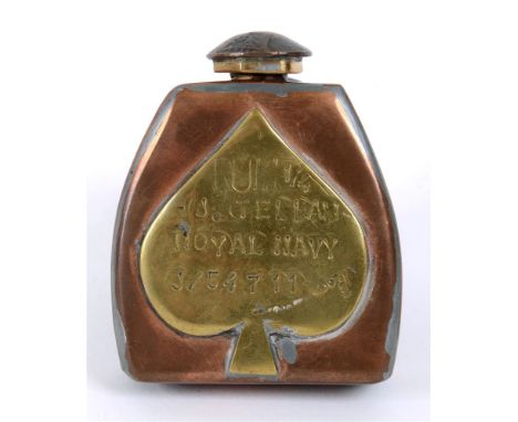 GREAT WAR - A SMALL TRENCH ART COPPER AND BRASS RUM FLASK  bearing a spade shaped panel inscribed 'Rum 1/4 J. Tellem Royal Na