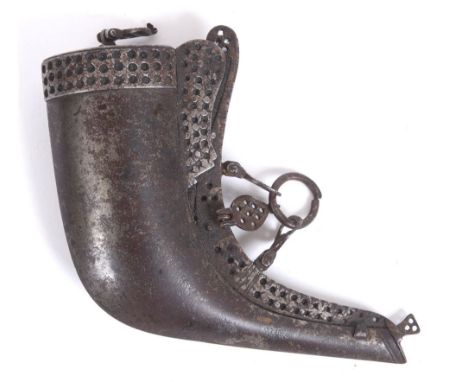 INDIA - AN 18TH CENTURY CUT STEEL PERSIAN BARUT DAN  (powder flask), 15cm long.