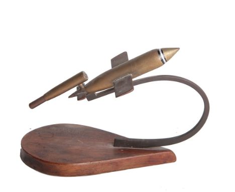 SECOND WORLD WAR AVIATION - A 'TRENCH ART' TABLE LIGHTER MODEL OF A V1 FLYING BOMB  with applied provenance label inscribed '