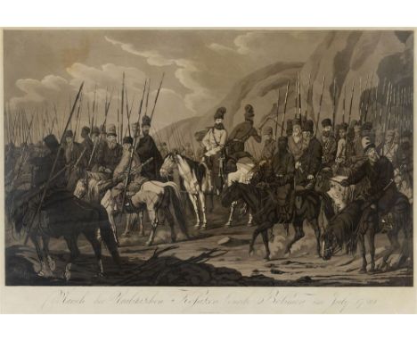 19TH CENTURY - A LARGE VIENNESE PRINT OF 'THE COSSACKS CROSSING THE URALS JULY 1799'  94cm wide.  Note: A version of this pri
