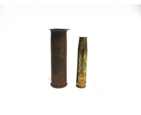 SECOND WORLD WAR - TWO 'TRENCH ART' ENGRAVED BRASS SHELL CASES  the first bearing the device of the 'SUSSEX YEOMANRY EGYPT 19
