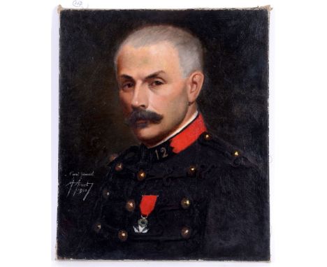 19TH CENTURY - A PORTRAIT OF A FRENCH 12TH REGIMENT OFFICER  oil on canvas, signed 'a l'ami Giraud A. Amet-1900', 46cm x 38cm