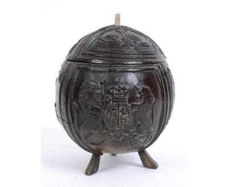 ANGLO-BOER WAR 1899-1902 - THE DURHAM LIGHT INFANTRY - A CARVED COCONUT AND COVER  bearing the Royal arms and inscribed Durha