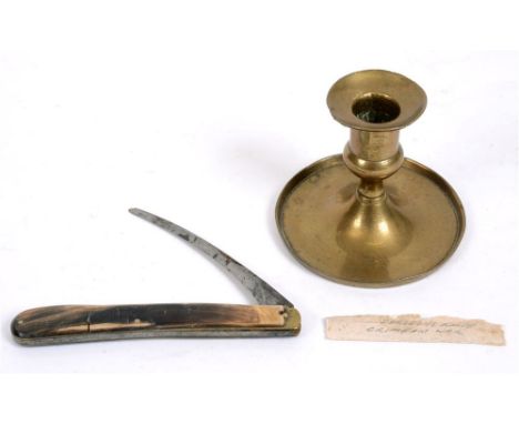 19TH CENTURY - CRIMEA - A BRITISH OFFICER'S PRIVATE PURCHASE FIELD SERVICE BRASS CANDLESTICK  together with a folding surgeon