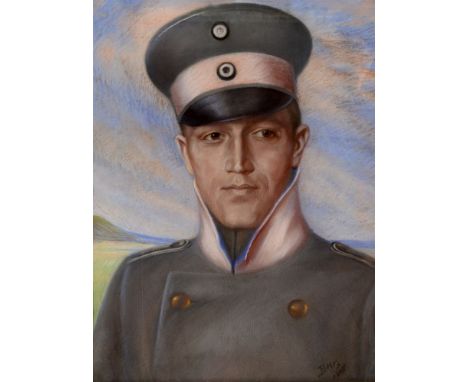 GREAT WAR - AN IMPERIAL GERMAN PASTEL PORTRAIT OF AN UHLAN OFFICER  signed 'B.K. 1918', gilt framed and glazed, 89cm x 71cm.