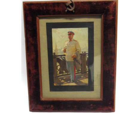 RUSSIA - VICTOR MARKIANOVICH SAVIN (1907-1970) - A PORTRAIT OF JOSEPH STALIN  uniformed and standing on a bridge, oil on boar