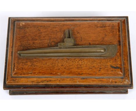 SECOND WORLD WAR - AN OAK COMMEMORATIVE CIGAR BOX SUBMARINE X2  the lid bearing a heavy 16.5cm brass relief profile of Italia