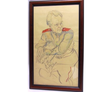 RUSSIA - A WATERCOLOUR PORTRAIT OF A SOVIET OFFICER with cyrillic dedication and signature, 58cm high.