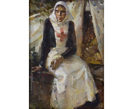 RUSSIA - T. SHEBCHENKO - A PORTRAIT STUDY OF A SEATED RUSSIAN FIELD NURSE  oil on cardboard, fully signed in cyrillic, with a