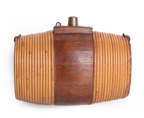 19TH CENTURY - CRIMEA - A SPIRIT FLASK  made from coopered oak, with a cane cover and brass hinged top, bearing a hand-writte