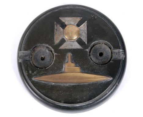 GREAT WAR - AN IMPERIAL GERMAN TRENCH ART BRASS, STEEL AND COMPOSITE COMMEMORATIVE STAND 'U.C. 44 MINE LAYING SUBMARINE'  the