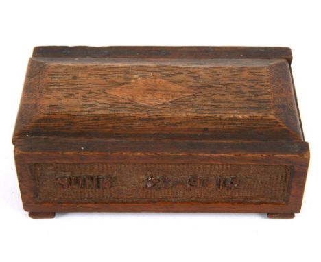 GREAT WAR - HMS CRESSY - A SMALL OAK SNUFF BOX  with a sliding lid, the sides inscribed 'H.M.S. Cressy - Sunk 22-9-14', possi