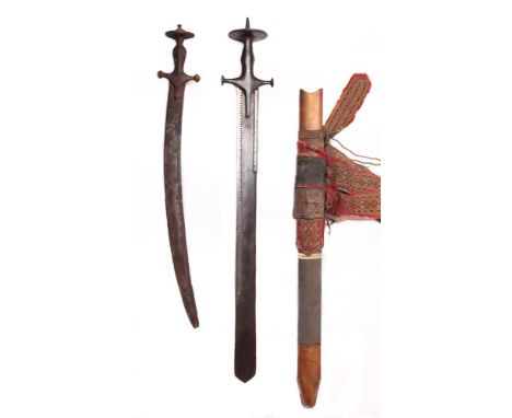 EDGED WEAPONS - AN 18TH CENTURY SILVER HANDLED INDIAN TULWAR  with Kotteri gold inscribed blade, complete with scabbard; toge