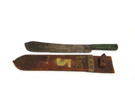 SECOND WORLD WAR - A BRITISH 1943 SERVICE MACHETTE BY S. & J. HITCHIN OF SHEFFIELD  with a green painted handle, the leather 