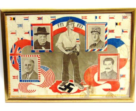 SECOND WORLD WAR - A 'FREE FRENCH' POSTER  printed and sold to profit the liberation of France, featuring a sten gun-toting f