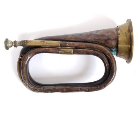 GREAT WAR - A 1916 BRASS AND COPPER MILITARY BUGLE BY HENRY POTTER & CO OF CHARING ROAD, LONDON  stamped with maker's name an