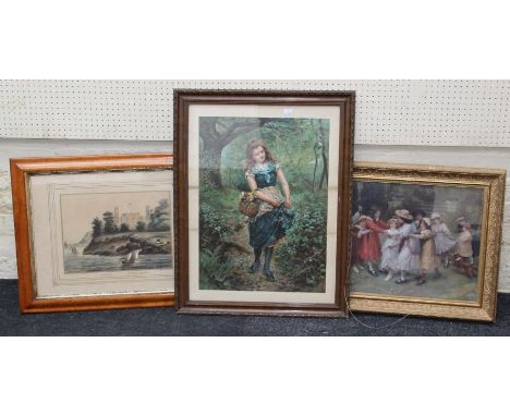 After Sheridan Knowles, a coloured lithograph of children at play, 39 x 49cm, together with a Pears type print of a young gir