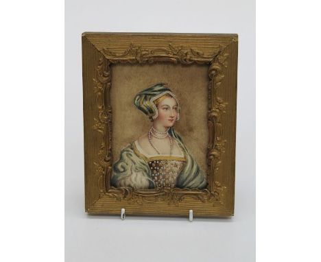 19th century European School, a bust length portrait of a young woman in Elizabethan costume. Watercolour, 15.5 x 11.5cm