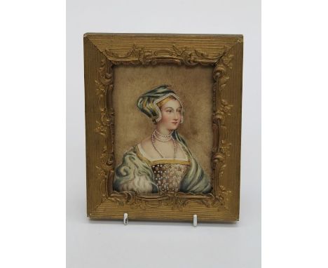 19th century European School, a bust length portrait of a young woman in Elizabethan costume. Watercolour, 15.5 x 11.5cm