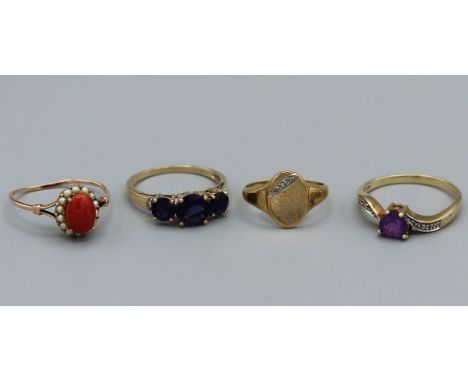 A collection of four 9ct gold rings comprising an amethyst and diamond ring, size S, a diamond set signet ring, size K, a tan