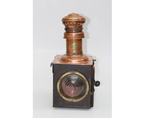Gillet and Forest, a French copper paraffin railway lamp of large size, with two glasses and brass ' A Droite' oval plaque. 5