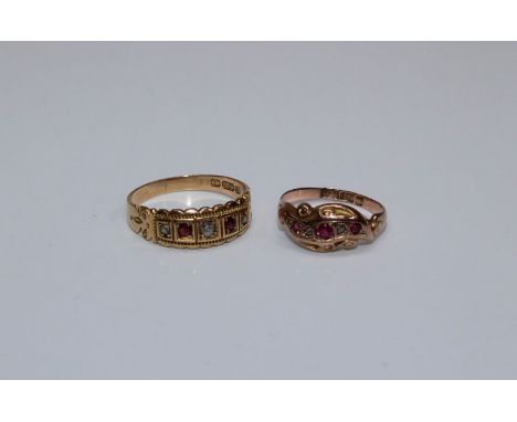 Two ruby and diamond gold rings comprising a 15ct gold five stone diamond and ruby ring, size R, approximate weight 3.0gm plu