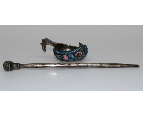 A late 19th century Russian silver and enamel Kovsh, marks rubbed, 10cms together with a white metal pipe, 21cm (2)