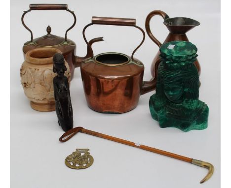 A mixed lot of collectors items, including a copper half gallon measure and two kettles, paraffin lamp, simulated malachite b