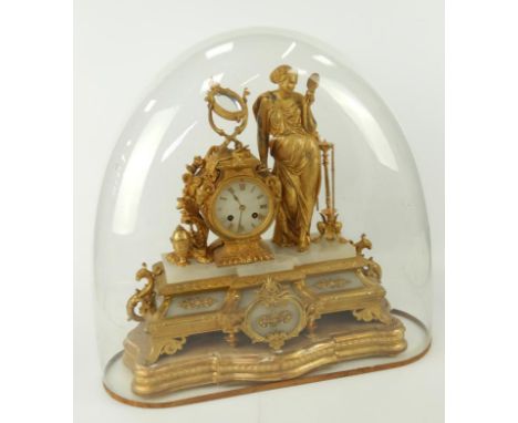 A 19thC French burnished gilt spelter and onyx figural mantel clock, having onyx dial with applied gilt Roman numerals and po