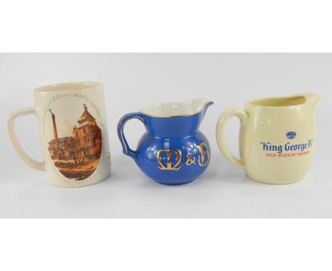 Three Breweriana ceramic jugs, comprising a Wade King George IV Old Scotch Whisky water jug, a Harvey & Son Brewers cup and a