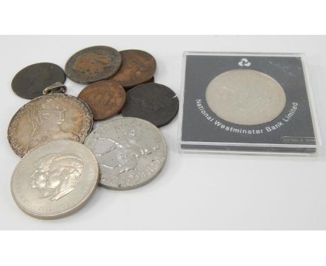 An Austrian Theresa Thaler 1780, (with ring pendant mount), three Queen Elizabeth II crowns and other various coins.