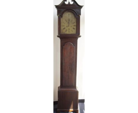   A George III mahogany longcase clock, with swan neck and dentil moulded pillar hood, with full length trunk door, plain mou