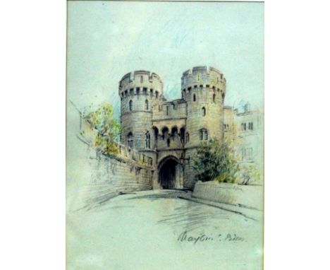 Marjorie C Bates. The Norman Gate at Windsor Castle, coloured crayon on paper, signed 36cm x 26cm, together with an offset li
