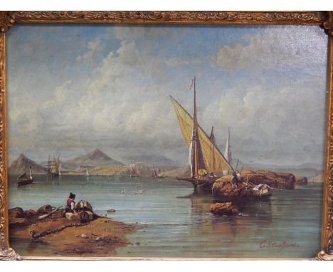 After Clarkson Stanfield. A river scene, mounted print on board, 39cm x 28cm.