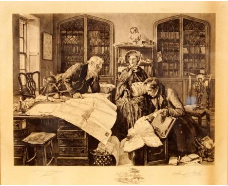 After Dendy-Sadler. An Edwardian print depicting map reading in the study, signed in pencil by Sadler and another.