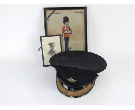   Irish Guards interest, including photographs, two dress caps, tin trunk and other military interest including a portrait of