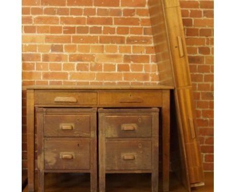 Two oak desk pedestals, together with a K/D table top and a fixed leg table, (4).