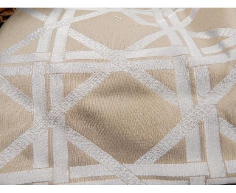 A pair of curtains, light brown ground with mauve geometric pattern, 80cm x 150cm.