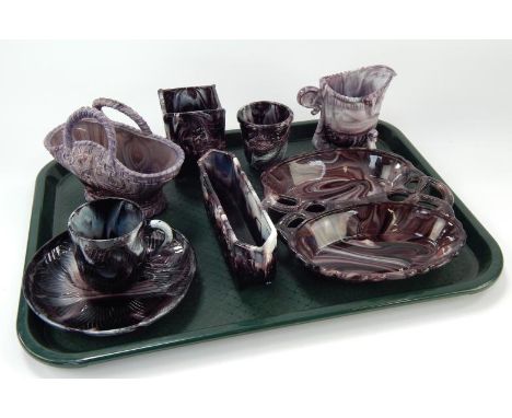 A collection of Victorian moulded colour glass, including a small trough moulded in relief with children at a bird's nest, (9