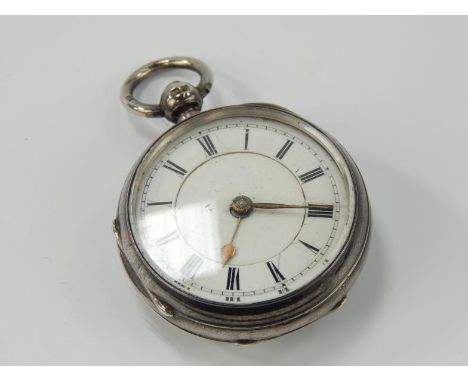 A gentleman's silver cased fob watch, with white enamel dial and Roman numerals, the case with engraved back and initialled E