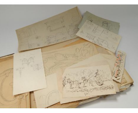    A Victorian sketch book, with various pencil sketches including two of interior scenes at Eton College 1853, also horse an