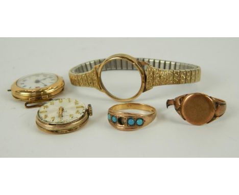 A 9ct gold Trench watch, 9ct gold signet ring, a 9ct gold ring with turquoise stones, one other wristwatch, and 9ct gold wris