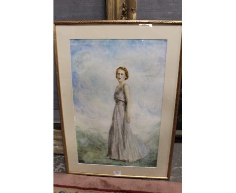JANET JEAVONS (c.1920).  A full length portrait of a lady in period clothing, signed lower right, watercolour, 28 x 38 cm