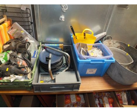 THREE TRAYS OF TOOLS, LAMPS ETC