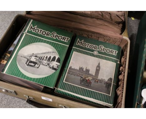 A VINTAGE SUITCASE CONTAINING A SELECTION OF MOTOR SPORT MAGAZINES CIRCA 1959
