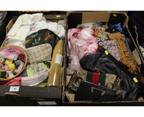 TWO TRAYS OF EMBROIDERED VINTAGE TEXTILES, ACCESSORIES AND VINTAGE BEADED BAGS, VINTAGE SCARVES ETC