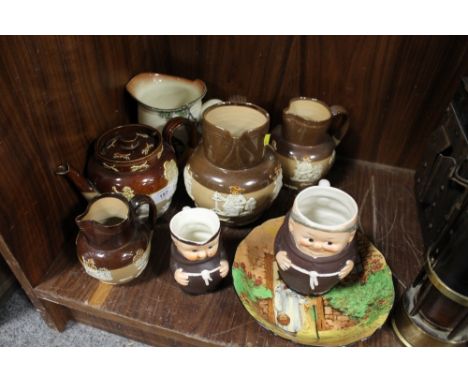 A QUANTITY OF ROYAL DOULTON LAMBETH HUNTING JUGS, OLD ENGLISH SCENE 'THE CLEANERS' JUG, GOEBEL MONK TANKARDS ETC
