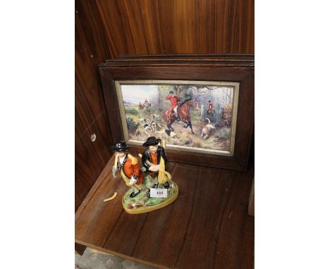 A STAFFORDSHIRE TYPE FIGURE OF A GOLFER AND HIS CADDY TOGETHER WITH THREE FRAMED AND GLAZED HUNTING PRINTS