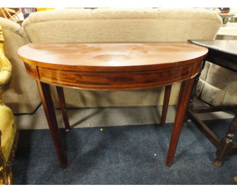 A 19TH CENTURY MAHOGANY DEMI LUNE CONSOLE TABLE, satinwood inlaid detail to the top and to the frieze, raised on tapered supp